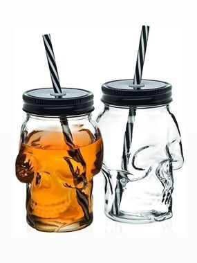 Set of 2 Skull Mason Jar Drink Tumblers with Lids & Straws 16 oz